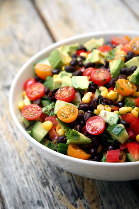 Cucumber, Black Bean, Corn, Tomato, and Avocado Salad | POPSUGAR Fitness Bean And Avocado Salad, Corn Black Bean, Cilantro Salad, Satisfying Salads, Avocado Tomato Salad, Black Bean Salad, Plant Based Dinner, Ambrosia Salad, Refreshing Salad