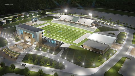 High School Football Stadium, High School Football Field, School Football Field, College Stadium, Futuristic School, School Stadium, Classroom Aesthetic, Sports Facility Architecture, Environmental Branding