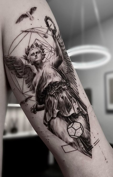 The Styles and Meanings Behind Greek Mythology Tattoos Greek God Geometric Tattoo, Realism Greek Mythology Tattoo, Thanatos Tattoo Greek Mythology, Greek God And Goddess Tattoo, Ancient Greece Tattoo Mythology, Hermes Greek God Tattoo, Ancient Mythology Tattoos, Olympian Tattoo, Hermes God Tattoo