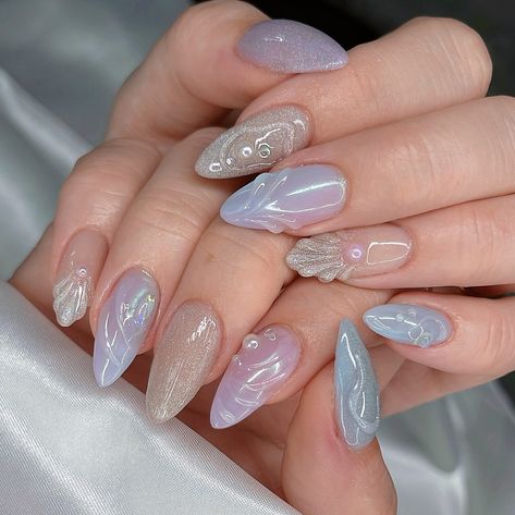 ᥫ᭡ underwater 𓇻 ₊˚ something so soothing with these colours 😌💜 June/July Mermaid special on Medium Almond Gelx #naildesign #nailart #nailinspo #mermaidnails #beachnails #summernails #magnetnails #chromenails #nails2inspire #trendynails #gelxnails #gelxinspo Mermaidcore Nails Aesthetic, Nail Inspiration Colourful, Mermaid Nails Almond, Special Nail Design, Mermaid Nails Design Simple, Kokomi Nails, Mermaid Nails Aesthetic, Ocean Nail Designs, Underwater Nails