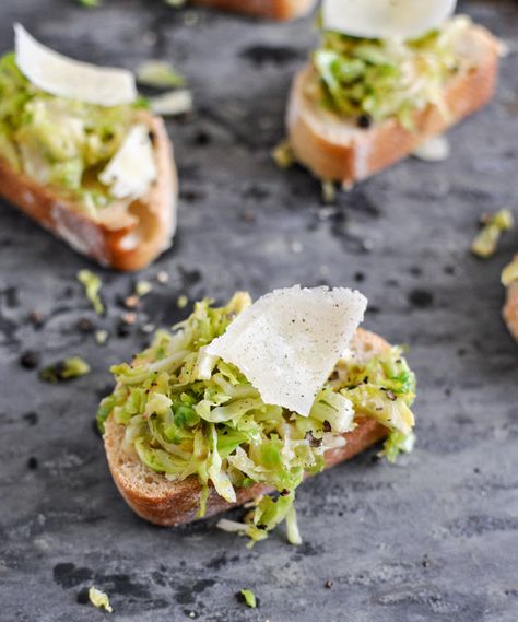 crostini with roasted garlic spread, sauteed shaved brussel sprouts and shaved parmesan  {How Sweet Eats} Parmesan Brussels Sprouts, Grill Sandwich, It Goes On, Brussels Sprouts, Appetizers For Party, Tostadas, Brussel Sprouts, Bruschetta, Brussel Sprout