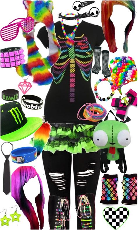 Dark Kidcore Outfit, Scene Inspired Outfits, Scene Core Clothes, Where To Get Scene Clothes, Scenecore Outfit Ideas, Colorful Emo Outfits, Scene Fits 2000s, Emo Outfit Board, Scenmo Outfits