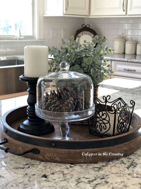 Decorating With Cake Stands Centerpieces, Kitchen Island Decor Idea, Kitchen Island Christmas Decor Ideas Decorative Trays, Style Coffee Table Decorating Ideas, Diy Center Island Kitchen Ideas, Tray With Candles Decor, How To Decorate Your Island, Center Table Tray Decor, Rustic Tray Decor