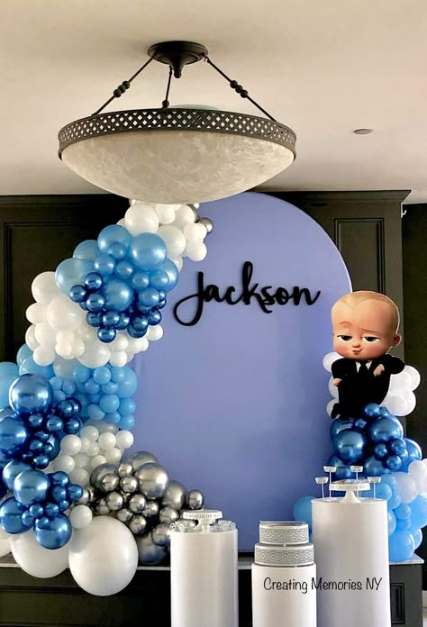 The Boss is here | CatchMyParty.com Boss Baby Birthday Party Boy Decorations, Little Boss Baby Party, Baby Boss Birthday Party Theme At Home, Boss Baby Party Backdrop, Boss Baby Garland, Boss Baby Backdrop, Baby Birthday Party Ideas, Boss Baby Birthday Party, Boss Baby Party