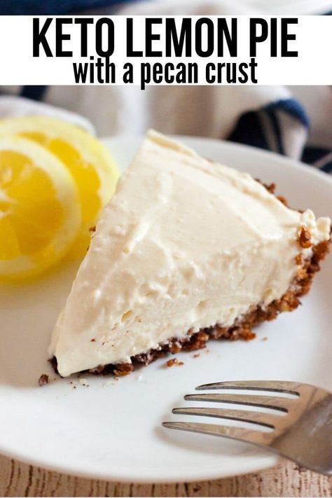 This Keto Friendly Low Carb Lemon Pie is so refreshing and delicious! The pecan crust adds just the right amount of flavor to the tart filling. It is so easy and simple to make. It's the perfect spring/summertime keto/low carb dessert idea. Keto Lemon Pie, Lemon Pie Recipe, Pecan Crust, Lemon Pie Filling, Postre Keto, Cold Desserts, Low Carb Sweets, Recetas Keto, Lemon Pie