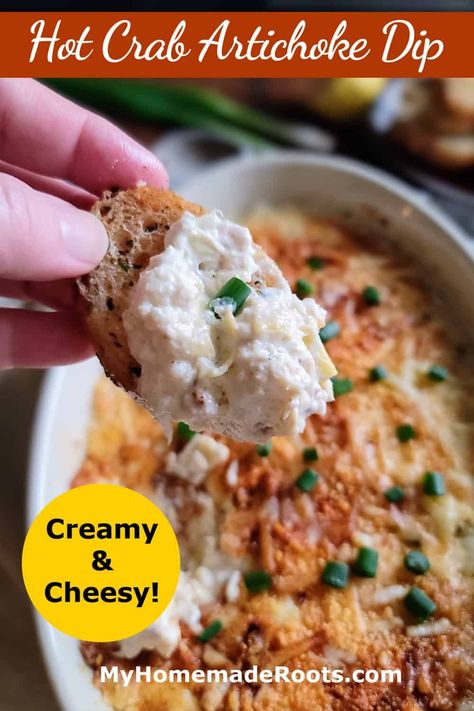 This Hot Crab Artichoke Dip is simple and delicious. Creamy, cheesy, and filled with crab meat, it's a perfect starter for a summer BBQ, game day, or any gathering. Crab Artichoke Dip, Baked Crab Dip, Crab And Artichoke Dip, Superbowl Recipes, Glo Girl, Hot Crab Dip, Artichoke Dip Recipe, Seasoned Veggies, Slow Cooker Meatballs