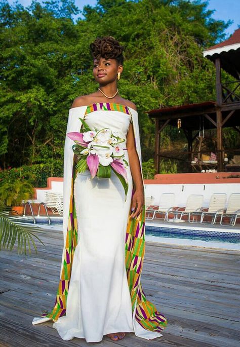 Kente wedding gown, the cape! African Print Wedding Dress, African Inspired Wedding, Ghanaian Wedding, African Bridal Dress, African Traditional Wedding Dress, African Wedding Attire, African Bride, African Prom Dresses, Afrikaanse Mode