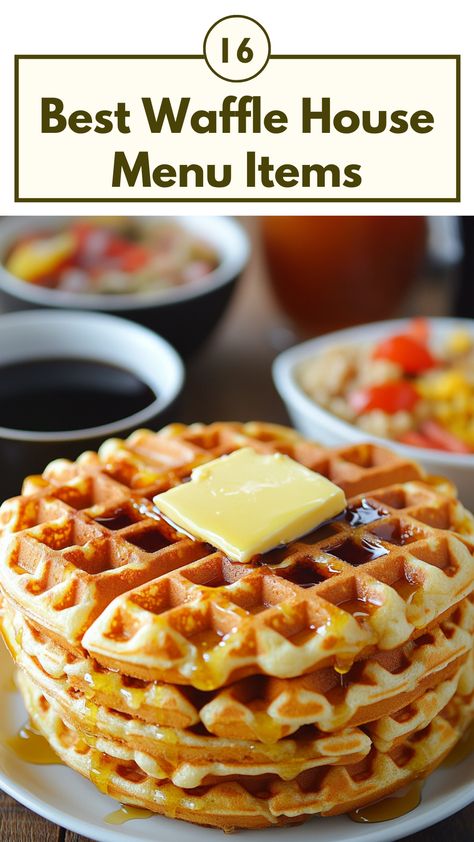 Stack of golden waffles served with butter and syrup alongside a savory breakfast bowl, showcasing popular Waffle House menu items. Savory Breakfast Bowls, Classic Waffles, Waffle House Menu, Waffle House, American Diner, True American, Savory Breakfast, Menu Items, Time Of Day