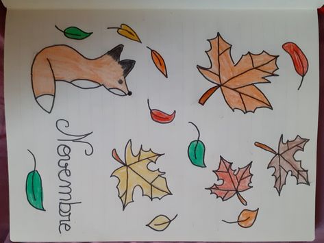 Idée de page pour bullet journal : page de garde pour le mois de novembre. Matériel : feutre fin noir, crayons de couleur jaune, orange, rouge, vert, marron. Bullet Journal Novembre, Bullet Journal Page, Jaune Orange, Journal Page, Bullet Journals, Bullet Journal, Scrapbooking, Home Decor Decals, Orange