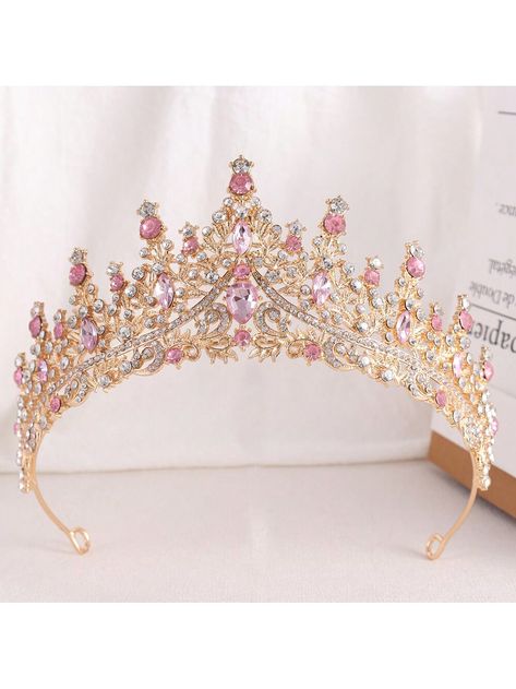 Pink  Collar  Zinc Alloy   Embellished   Women Fashion Jewelry Pink Birthday Accessories, Light Pink Crown For Quince, Quinceanera Pink Crown, Pink Wedding Jewelry, Quince Crowns Pink, Pink Quince Crown, Quince Tiaras, Rose Gold Tiara Crowns, Pink Crowns