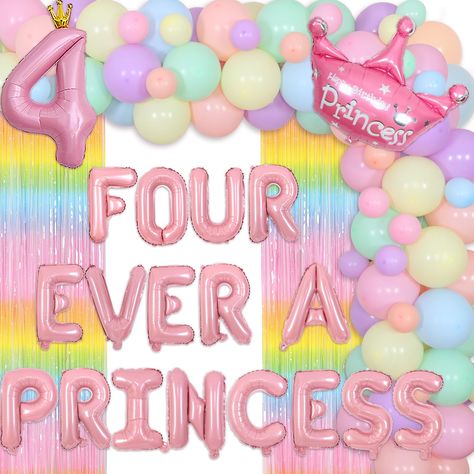 PRICES MAY VARY. Package Includes: Princess 4th birthday party decorations include 50 x latex balloons 12 inches, 15 x latex balloons 5 inches, 1 x rainbow fringe curtain 3 x 6 ft, 1 x four ever a princess foil balloons 16 inches(No Helium Supported), 1 x number 4 foil balloon 40 inches(Helium Supported), 1 x crown foil balloon 29.52 x 32.28 inches(Helium Supported), 1 x balloon garland strip, 1 roll of 100pcs adhesive dots, one pack can meet your various needs for four ever a princess birthday 4th Princess Birthday Party Theme, Princess Rainbow Birthday Party, 4 Year Princess Birthday Party, 4 Girl Birthday Party Ideas, Princess Party 4th Birthday, 4 Year Birthday Party Unicorn, Forth Birthday Themes, 4th Birthday Princess Theme, Themes For 3rd Birthday Party Girl