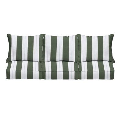 Dimmable Fabric: Green Stripe Sunbrella®, Size: 27" W x 23" H | Birch Lane™ Deana Indoor / Outdoor Sunbrella Seat / Back Cushion Acrylic | 5 H x 81 W x 23 D in | Wayfair Outdoor Fabric Sofa, Outdoor Couch Cushions, Outdoor Sofa Cushions, Timeless Sofa, Cozy Sofa, Patio Furniture Cushions, Outdoor Comfort, Outdoor Couch, Sofa Frame