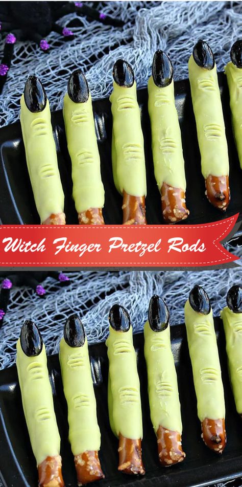 Witch Finger Pretzel Rods, Witch Finger Pretzels, Pretzel Fingers, Pretzel Broomsticks, Halloween Pretzel Rods, Halloween Pretzels Rods, Spooky Halloween Desserts, Halloween Pretzels, Spooky Halloween Food