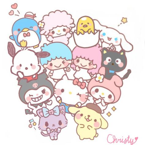 Sanrio Together, All Sanrio Characters Together, Sanrio Group Photo, Hello Kitty And Friends Aesthetic, Sanrio Characters Together, My Fav Characters, Sanrio Stickers, Hello Kitty Imagenes, Tuxedo Sam