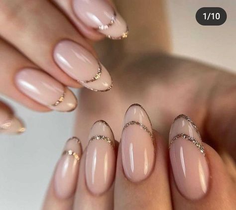 Pretty Champagne Nails, Wedding Oval Nails For Bride, Dainty Nail Designs Almond, Subtle New Years Nails, Champagne French Tip Nails, 20s Nails, Elegante Nails Classy, Modern Wedding Nails, Champaign Nails