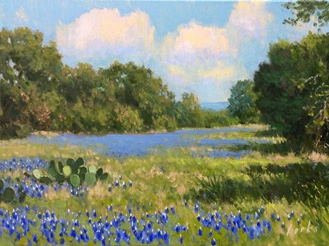 April Blues by David Forks Oil ~ 12 x 16 Surreal Artwork, Impressionist Landscape, Oak Trees, Lake Landscape, Abstract Landscape Painting, Landscape Illustration, Texas Hill Country, Ethereal Art, Hill Country