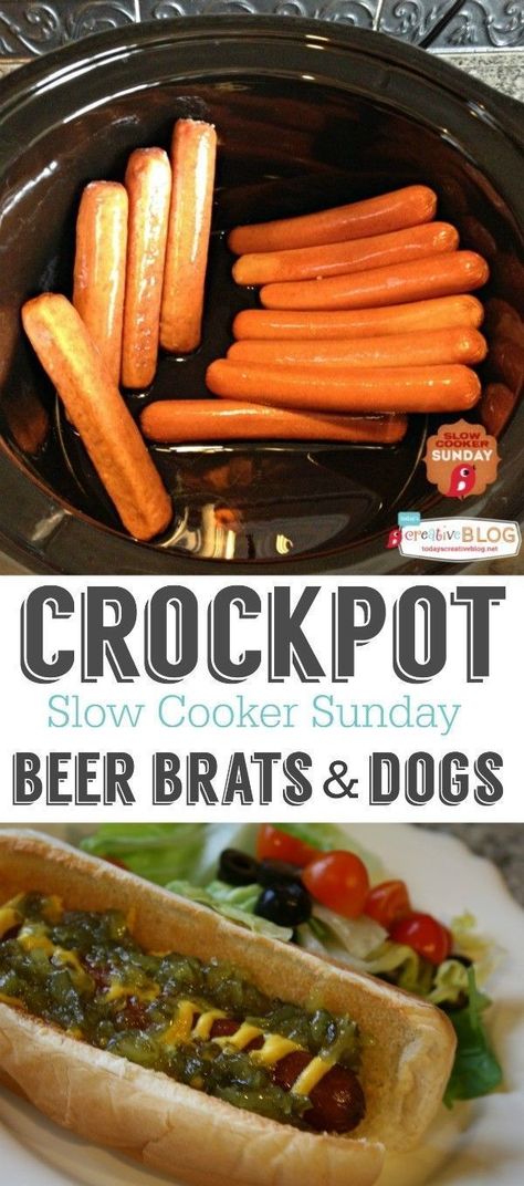 Crockpot Beer Brats and Dogs | Great for when you've got a crowd to feed! Find more Slow Cooker Recipes on TodaysCreativeBlog.net Brats In Crockpot, Slow Cooker Sunday, Crockpot Slow Cooker, Tailgate Snacks, Beer Brats, Steamer Basket, Cooking For A Crowd, Feed A Crowd, Beer Recipes