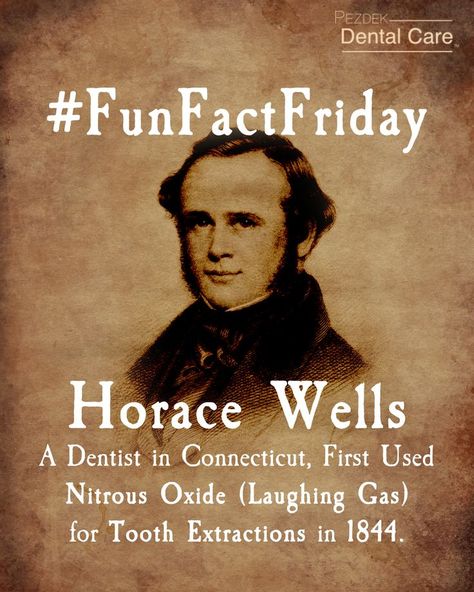 Horace Wells, a dentist 🦷👨‍⚕️ in Connecticut, first used nitrous oxide (laughing gas) for tooth extractions in 1️⃣8️⃣4️⃣4️⃣. The American Dental Association 🏥 honored Wells posthumously in 1864 🗓 as the discoverer of modern anesthesia. #funfactfriday #funfacts #funfact #funfactoftheday #funfactsoftheday #funfactsfriday #funfactory #fridayvibes #laughinggas #nitrousoxide #anesthesia #toothextractions #dentistry #dentistryworld Dental Office Manager, History Fun Facts, Laughing Gas, Implant Dentist, Dr Ali, Dental Health Care, Dental Fun, Fun Fact Friday, American Dental Association