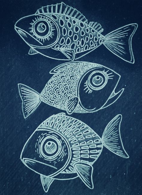 Blue And White Art Aesthetic, Artsy Fish Drawing, Fish School Drawing, Fish Marker Drawing, Japanese Fish Drawing, Funny Fish Drawing, Drawing Ideas Fish, Sea Fish Drawing, How To Draw A Fish