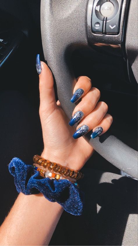 Navy Blue And Silver Nails Coffin, Midnight Blue Nails With Silver, Sparkly Navy Blue And Silver Nails, Navy Blue Prom Nails Silver, Navy Blue Gem Nails, Navy Blue Nails Homecoming, Silver And Royal Blue Nails Prom, Prom Navy Blue Nails, Sparkling Blue Nails