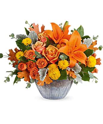 Autumn Floral Arrangements | Cincinnati (OH) Flower Delivery | Adrian Durban Florists Wedding Flower Arrangements Fall, Roses Orange, Lemon Leaf, Thanksgiving Flowers, Yellow Cushion, Asiatic Lilies, Willow Branches, Fall Arrangements, Dusty Miller