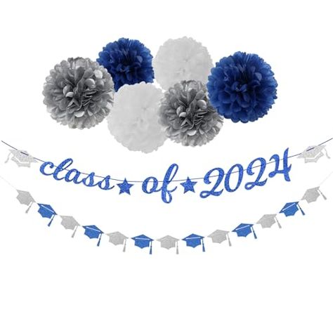 Navy-Blue White-Silver Party-Decorations Graduation Banner - 8pcs Kits Class of 2024 Cap Garland Streamers, Paper Tissue Pom Poms Flowers, Congratulations Grad Decor Lasting Surprise Blue Graduation Decorations, Blue Table Decorations, Diy Graduation Decorations, Grad Decor, Grad Party Favors, Silver Party Decorations, Tissue Pom Poms, Blue Graduation, Graduation Banner