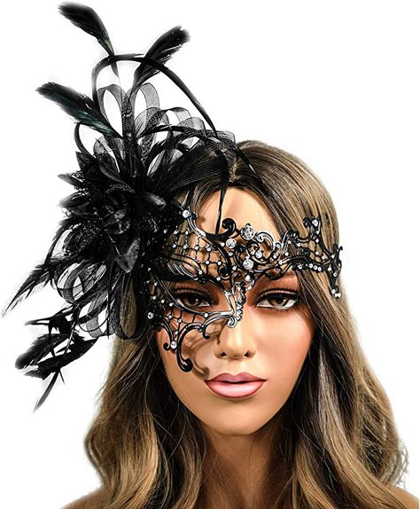 Amazon.com: Black Metal Masquerade Mask for Women Halloween Costume Feather Party Masks Feathers Venetian Mardi Gras Burlesque Mask : Clothing, Shoes & Jewelry Mascarade Party Outfit, Elegant Masquerade Mask, Masquerade Party Outfit, Masquerade Outfit Ideas, Masquerade Ball Outfits, Masquerade Event, Masquerade Mask Black, Black Masquerade, Gold Masquerade Mask