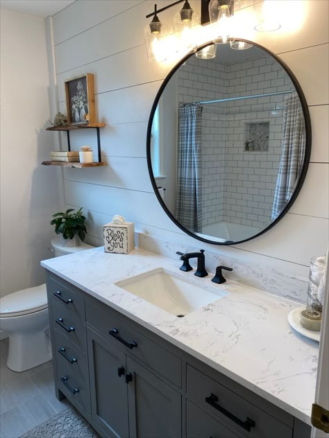 Round Vs Rectangle Bathroom Mirror, Bathroom Vanity With Round Mirror, Bathroom Vanity Grey, Bathroom Favorites, Masterbath Ideas, Bathroom Facelift, Upstairs Bathroom Ideas, Small Powder Room Ideas, Round Bathroom Mirror