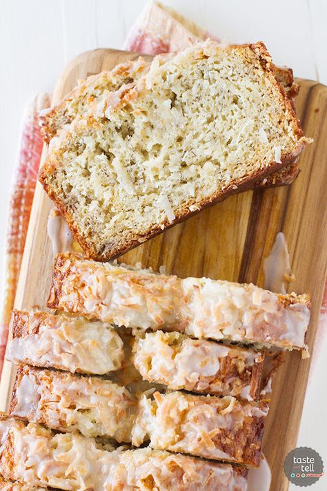 Banana bread gets a bit of a tropical makeover with the addition of coconut and a sweet, citrus glaze in this Citrus Glazed Coconut Banana Bread. Lemon juice or lime juice both work well here, use whatever you have on hand. Lemon Banana Bread, Apple Banana Bread, Citrus Glaze, Sour Cream Banana Bread, Coconut Banana Bread, Make Banana Bread, Chocolate Banana Bread, Sweet Rolls, Banana Coconut