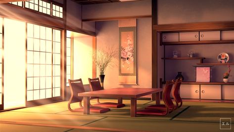 ArtStation - Japanese Room 和室 ( Evening ), Elson Tan Anime Backgrounds House Inside, Japanese House Aesthetic Anime, Anime Backgrounds House, Anime House Aesthetic, Anime House Interior, Anime Japanese House, Traditional Japanese House Anime, Japanese House Aesthetic, Anime Interior