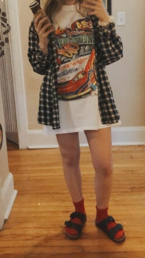 flannel big tee t-shirt oversized birkenstocks with socks outfit inspo aesthetic ideas Burken Stocks With Socks, Birkenstock With Socks Outfit Summer, Socks Outfit Summer, Birkenstock With Socks Outfit, Burken Stocks, Birkenstocks With Socks Outfit, Birkenstocks With Socks, Birkenstock With Socks, Flannel Outfit