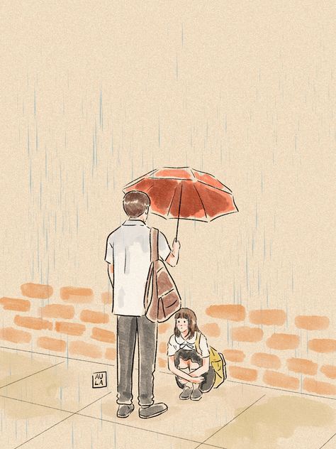 A couple in umbrella under the rain Couple In Umbrella, Rainy Couple, Cute Umbrella, Cute Umbrellas, Couple Drawing, Couple Sketch, Under The Rain, Minimalist Watercolor, Couple Illustration