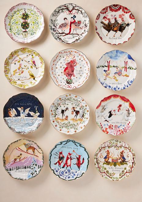 Inslee Fariss 12 Days Of Christmas Menagerie Dessert Plates At ANTHROPLOGIE Anthropologie Christmas Plates, Anthropologie Christmas Decor, Inslee Fariss, Fauna Illustration, Anthropologie Christmas, Anthropologie Holiday, Festive Desserts, Anthropologie Uk, Twelve Days Of Christmas