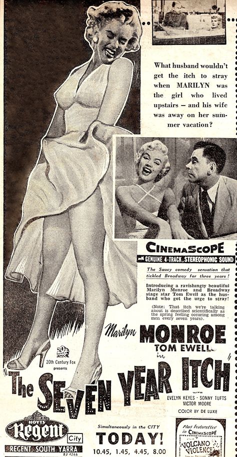 MARILYN MONROE THE SEVEN YEAR ITCH original vintage press ad HOYTS REGENT theatre. The Herald Thur. Oct 12 1955. Melbourne Australia newspaper. (please follow minkshmink on pinterest) #marilynmonroe #thesevenyearitch #moviead Marylin Monroe Newspaper, Marilyn Monroe The Seven Year Itch, Seven Year Itch Marilyn Monroe, Marilyn Monroe Poster Vintage, Marilyn Monroe Movie Posters, Marilyn Monroe 7 Year Itch, Marilyn Monroe Newspaper, 7 Year Itch, Press Ad