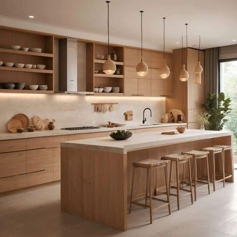 Japandi Style Apartment, Japandi Kitchen Interior, American Kitchen Living Room, Japandi Interior Design Kitchen, Japandi Kitchen Island, Cuisine Japandi, Kitchen Wood Island, Light Oak Kitchen, Japandi Kitchen Ideas