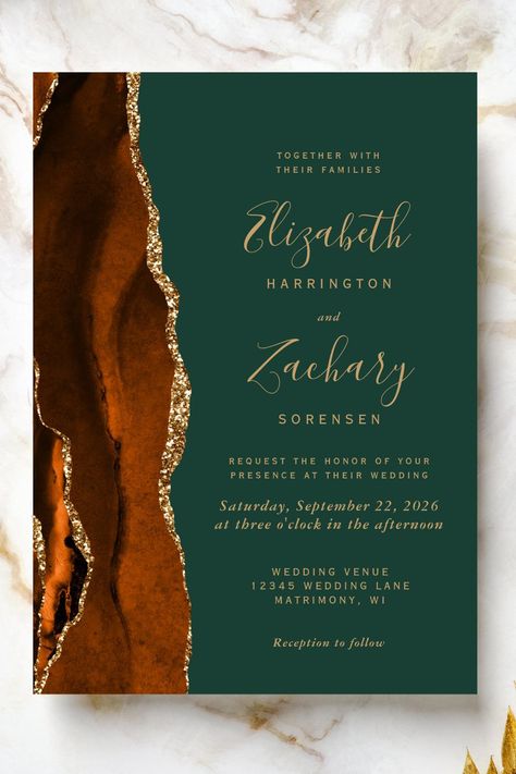 Modern Burnt Orange Dark Green Agate Wedding Invitation Amber And Emerald Wedding, Forest Green And Burnt Orange Wedding, Emerald Green And Burnt Orange Wedding, Green And Burnt Orange Wedding, Emerald Wedding Colors, Hunter Green Wedding, Hamilton Wedding, Orange Wedding Invitations, Rusting Wedding