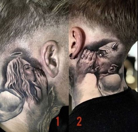 Good And Evil Tattoos, Acab Tattoo, Angel Y Diablo, Full Neck Tattoos, Best Neck Tattoos, Side Neck Tattoo, Evil Tattoo, Throat Tattoo, Evil Tattoos