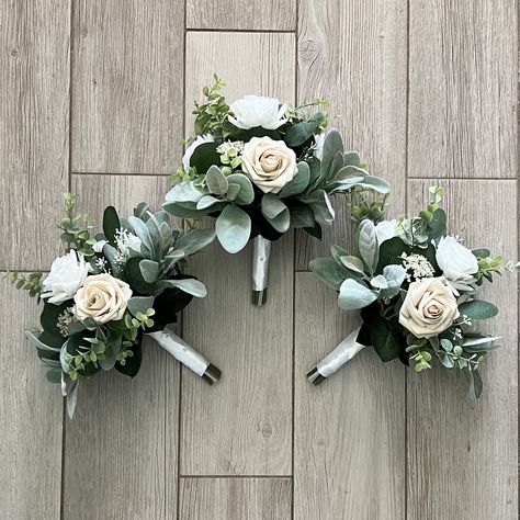 Sage Green White And Gold Wedding Flowers, Sage Green And Champagne Bouquet, White And Sage Bridesmaid Bouquet, Sage Green White And Blush Bouquet, Sage Green + White Flowers Bouquet Real, Elegant Wedding Bouquets, Bella Wedding, Church Wedding Flowers, Country Wedding Decorations