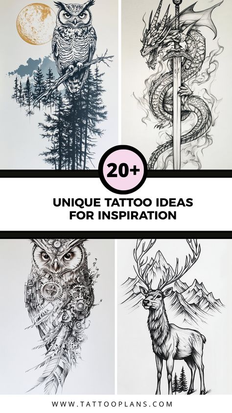 Explore unique tattoo ideas featuring artistic designs and meaningful symbols. The pin shows 4 different images of tattoo styles that resonate individuality and personal expression. Awesome Tattoos For Women Unique, Enchanted Tattoo Ideas, Freya Tattoos, Fineline Geometric Tattoo, Best Tattoo In The World, Unique Tattoos For Women Meaningful, Tattoo Design Drawings Unique, Woodland Tattoo Sleeve, Creative Tattoo Ideas For Women