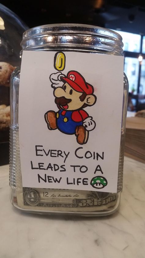 Mario Barista Tip Jar Change Jar Ideas, Tips Jar Ideas Funny, Tip Jar Ideas, Funny Tip Jars, Gamer Wedding, Change Jar, Geek House, Tip Jar, Tip Jars