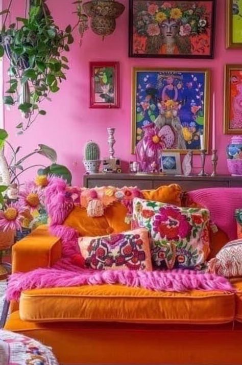 Art Deco Maximalist Decor Ideas, Pink And Yellow Living Room, Maximalist Lounge, Pink And Orange Living Room, Grandma Chic Decor, Mobile Bookstore, Brokedown Palace, Luxurious Living Rooms, Funky Living Rooms