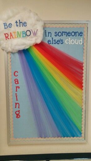 Rainbow Decor For Classroom, Rainbow Themed Classroom Door, Classroom Decor Rainbow Theme, Classroom Door Ideas Rainbow, Unicorn Bulletin Board, Trolls Bulletin Board Ideas, Rainbow Display Classroom, Pride Bulletin Board Ideas, Rainbow Bulletin Board Ideas Preschool