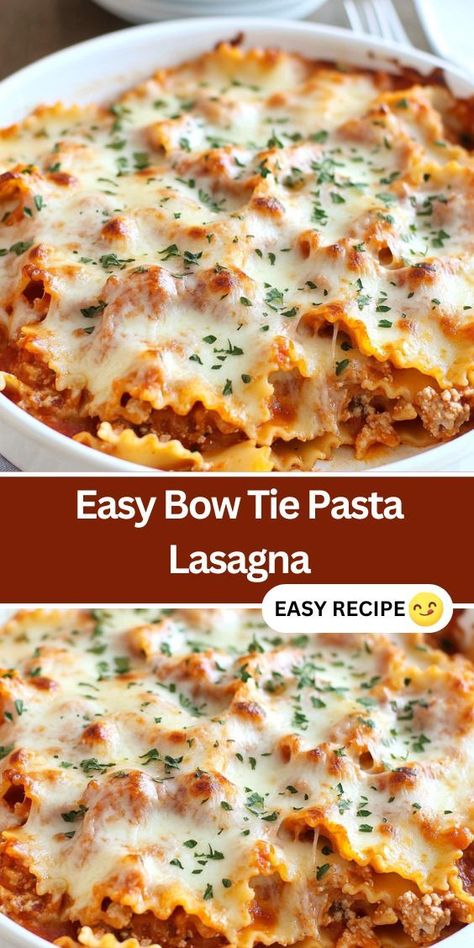 Discover the ultimate comfort food with this Easy Bow Tie Pasta Lasagna recipe. Combining tender bow tie pasta, creamy cheese, and seasoned ground beef, this one-dish meal is perfect for busy weeknights. Learn how to make this simple and delicious pasta bake in under 30 minutes, featuring a melty mozzarella topping that your family will love. Perfect for meal prep or potlucks, this crowd-pleasing dish is sure to satisfy everyone’s cravings. Bow Tie Pasta Casserole Recipes, Now Tie Pasta Recipe, What To Make With Bow Tie Pasta, Baked Lasagna Casserole, Lasagna Bowtie Pasta, Lasagna With Bow Tie Pasta, Bow Tie Pasta Lasagna Bake, Bow Tie Lasagna Bake, Easy Lasagna Casserole Recipes