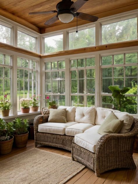 Sunroom Open Windows, Cabin Sunroom Ideas, French Door Sunroom, Light Green Sunroom, Three Seasons Porch, Australian Country House Interior Design, All Seasons Room Ideas, Sun Room Furniture, Square Sunroom