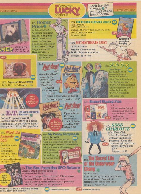 Lucky Book Club flyers in the 80s! This one is from 1983 Books Like 1984, Early 2000s Books, Homer Price, 90s Kids Books, Scholastic Book Fair, Sears Wishbook 1970s, Scholastic Books 1970s, Club Flyers, School Memories