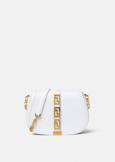 Versace Women's Greca Goddess Large Shoulder Bag in White | Versace US Versace Bags, Large Shoulder Bags, Designer Shoulder Bags, Gianni Versace, Bag Women, White Bag, Crossbody Shoulder Bag, Chain Strap, Smooth Leather