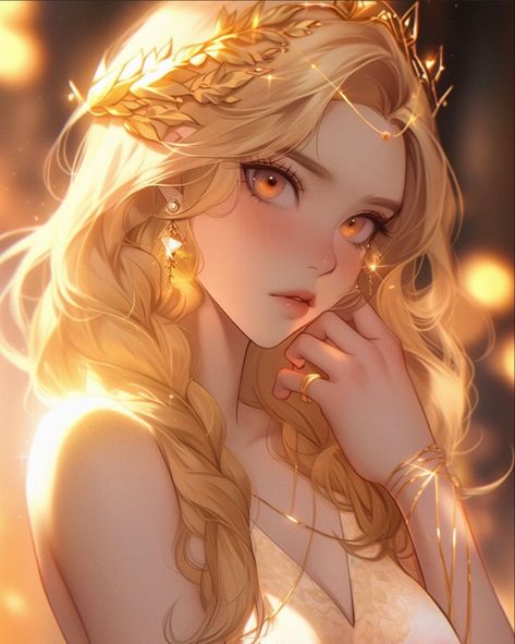 Anime With Blonde Hair, Blond Hair Drawing, Gold Eyes Anime, Blonde Hair Gold Eyes, Hephaestus Character Design, Golden Hair Character Design, Blonde Hair Anime, White Hair Gold Eyes, Blonde Goddess