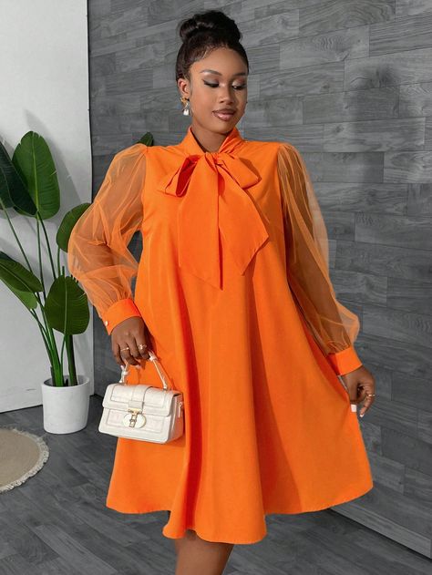 Plus Size Women's Solid Color Minimalist Everyday Butterfly Tie Cuff Long Sleeve Dress Orange Elegant  Long Sleeve Woven Fabric Plain Tunic Non-Stretch  Women Plus Clothing, size features are:Bust: ,Length: ,Sleeve Length: Burnt Orange Dress Formal Short, Orange Dress Black Women, Gown Styles For Ladies, Orange Gown, Lace Dress Classy, Plain Tunic, Modest Casual Outfits, Color Minimalist, Long African Dresses