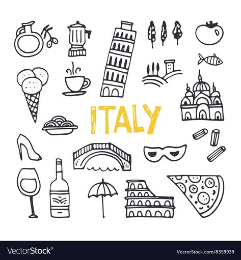 Italy Symbols, Italian Symbols, Italy Tattoo, Italy Illustration, Italian Tattoos, Travel Doodles, Pisa Tower, Symbol Drawing, Doodle Tattoo