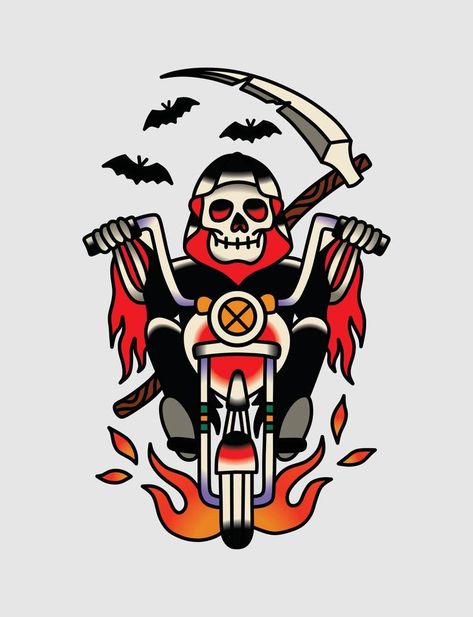 Grim Reaper Riding Motorcycle, Reaper Motorcycle Tattoo, American Traditional Tattoos Motorcycle, Grim Reaper American Traditional Tattoo, American Traditional Biker Tattoo, American Traditional Motorcycle, Skull Motorcycle Tattoo, Grim Reaper Tattoo Traditional, American Traditional Grim Reaper